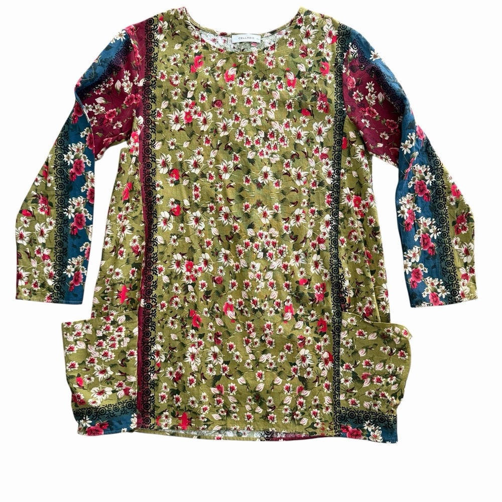 Cellabie Floral Patchwork Tunic Top‎ Sz 3XL Rustic Farmhouse Soft Folk Prairie
